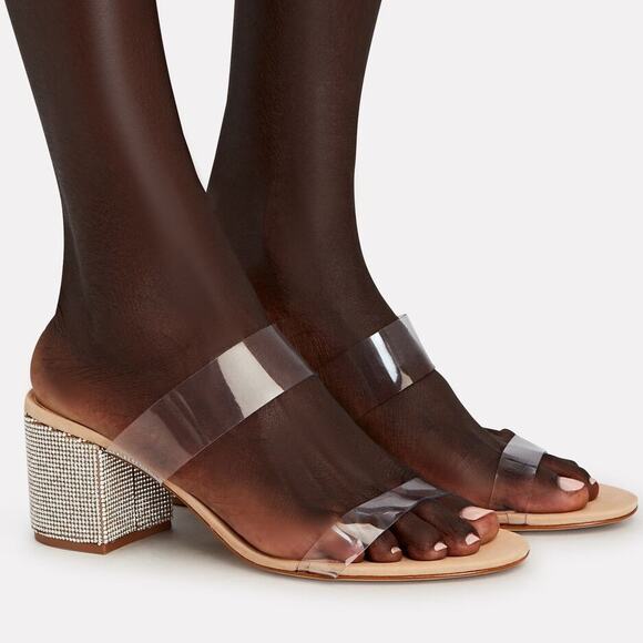 NEW SCHUTZ Victorie PVC Crystal Transparent Strap Leather Mule Sandals Beige 6B - Picture 2 of 11